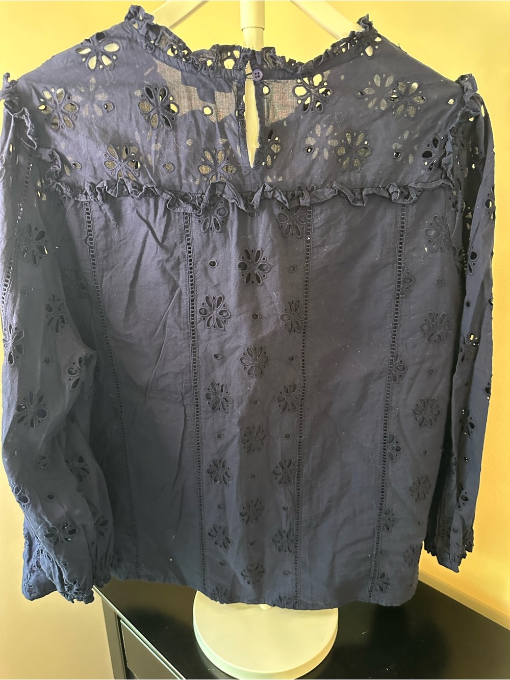 J. Crew Long Sleeve Navy Eyelet Ruffle Blouse Sz XXL - Picture 2 of 8